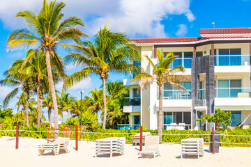 Palms parasols sun loungers beach resort Playa del Carmen Mexico.