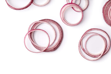 Red sliced onion isolated on white background, Top view. Onion rings, slices. Set, group, top view.