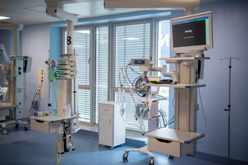 Modern technology in intensive care unit room with different equipment and devices, beds and pillows. Institute of Neurosurgery. Belgrade, Serbia 11.10.2022