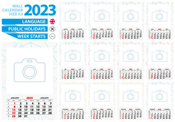 Fototapeta na wymiar A3 size wall calendar 2023 year with abstract lined background and place for you photo.