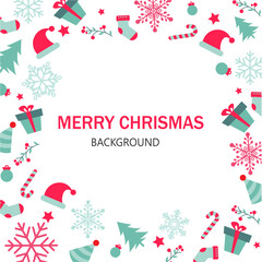 Border merry christmas on white background. Christmas greeting card have pine trees, gifts and snowflakes. Vector illustration in flat design. Copy-space for text.