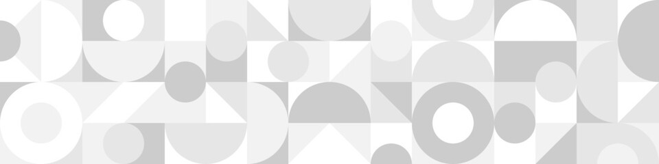 Trendy vector abstract geometric background with circles in Scandinavian retro style, seamless cover. Graphic pattern of simple shapes in gray tones, abstract white mosaic. © Nadzeya Pakhomava
