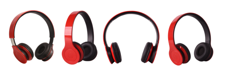 A set of red and black wireless headphones isolated on a transparent background