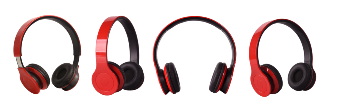 A set of red and black wireless headphones isolated on a transparent background