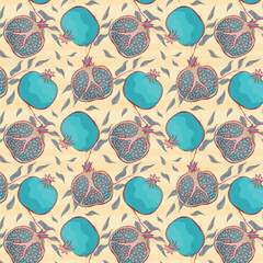 seamless pattern blue pomegranate on a light background