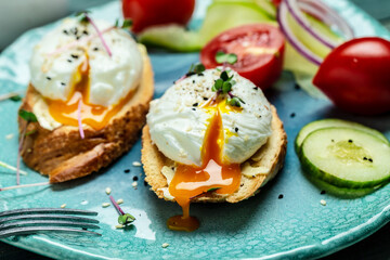 Sandwich with Poached Egg with cup of coffee, Delicious breakfast or snack, Clean eating, dieting, vegan food concept. top view