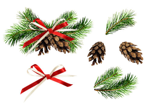 Christmas decoration with pine twigs, cones and ribbon bow isolated and set of details