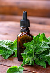 Peppermint essential oil. A dark (brown) glass bottle with mint essential oil and fresh mint on wooden table
