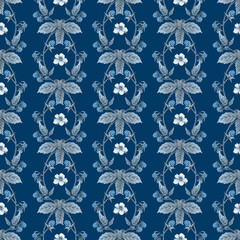 Raspberry seamless pattern. Blue monochrome. Watercolor forest berry background.