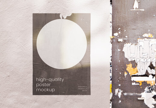 Glued Light Outdoor Poster on Wall Mockup