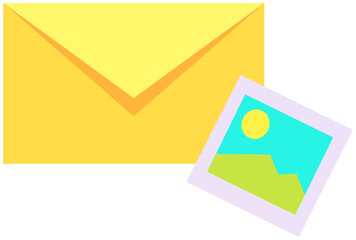 Postage stamp and paper envelope vector illustration. Mailing, communication via mail concept. Yellow envelope with letter and colorful stamp. Postal item message, vintage postmark, correspondence