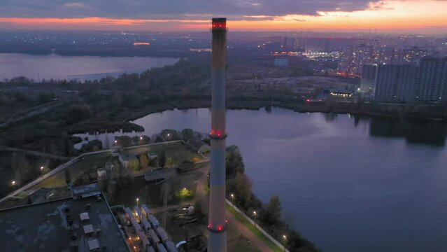 Garbage Incineration Plant Smokestack. Environmental Pollution. Drone video. Ukraine. Kyiv.  Heat production. Plant Energy.