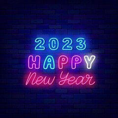Fototapeta na wymiar 2023 Happy New Year neon signboard. Colorful typography. Luminous advertising. Vector illustration