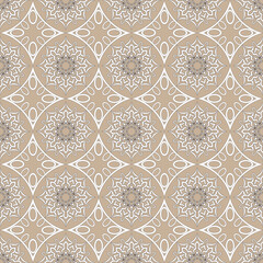Seamless pattern-178. Mandalas, white ethnic pattern, beige background.