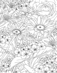 Vector carpet of flowers. Antistress coloring book for adults.        