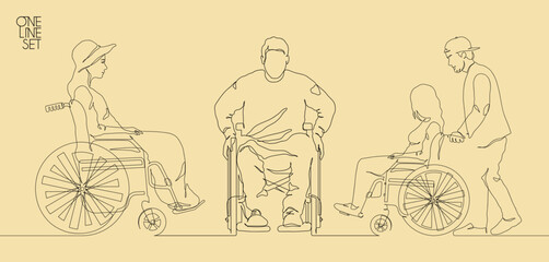 People in wheelchair. Disabled person silhouette. .Continuous single line - 541304775