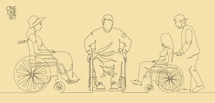 People In Wheelchair. Disabled Person Silhouette. .Continuous Single Line