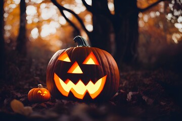 Creepy Jack-O-Lantern pumpkin outdoors. Glowing. Evil. 