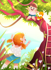 Obraz na płótnie Canvas Children playing in nature park, climbing a big tree, boy sitting on branch. Colorful childhood in summer scenery, happy kids playing cartoon. Artistic vector illustration in watercolor style.