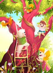 Children playing in nature park, climbing a big tree. Colorful childhood fun summer scenery, happy kids playing on big tree cartoon. Artistic vector wallpaper illustration in watercolor style.