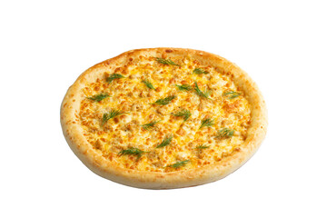 
Large pizza with cheese and dill. Selective focus. Transparent.