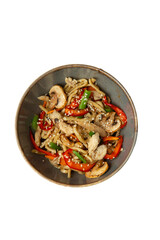 
Noodles with mushrooms and vegetables in a plate. Transparent. View from above.