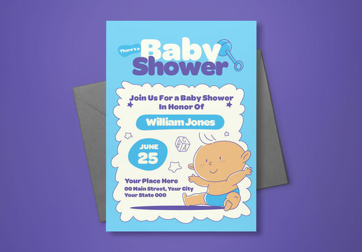 Blue Handdrawn Baby Shower Invitation