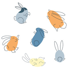 Set of funny rabbits in doodle style. The bunny is a symbol of 2023. Hare Vector graphics isolated on white background.