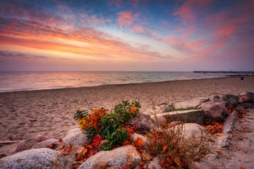 Baltic Sea beach in Gdynia Orlowo at sunrise, Poland