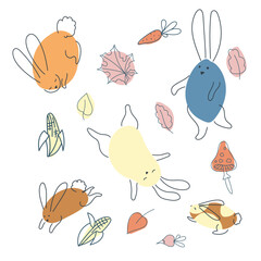 Set of funny rabbits in doodle style. Autumn vegetables. The bunny is a symbol of 2023. Hare Vector graphics isolated on white background.