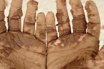 Soil in farmer hands with mud