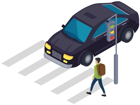 Car near pedestrian crossing on street. Driver stops in front of crosswalk with pedestrian. Man with backpack crossing road. Movement and transportation in city. Track with car and road marking