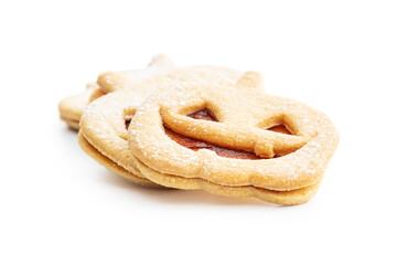 Linzer cookies in the shape of a Halloween pumpkin isolated on white background.