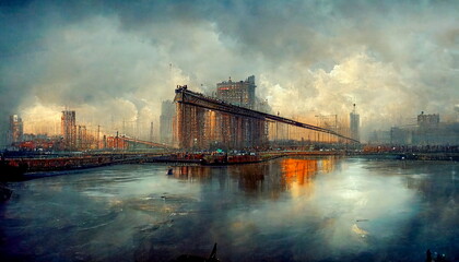 East River overlooking Manhattan and the Brooklyn Bridge. Digital art and Concept digital illustration.