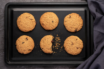 Food photography of oatmeal cookies, biscuits, dried cranberries, tray