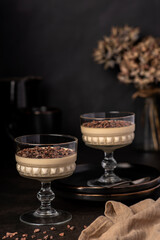 Food photography of dessert, mousse, panna cotta, cream, pudding, chocolate nibs