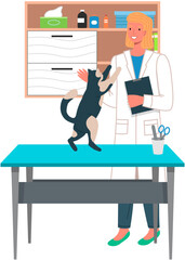 Female veterinarian looking at cat for diagnostics. Pets health care in vet clinic. Domestic animals, pets treatment concept. Veterinary professional consultation. Woman doctor examining sick kitten