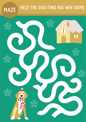 Christmas winter printable dog activity sheet page for kids. Maze labyrinth. Help dog find home.