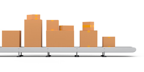 Airport luggage conveyor belt or manufacture line with cardboard boxes on white
