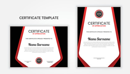 Clean modern black and red certificate of appreciation template design, for award, diploma, completion. Vector template EPS 10