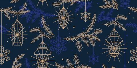 Abstract New Year pattern. Golden christmas decor and lantern
on dark blue background. Seamless ornament for decor, wallpaper, gift paper and design of New Year's souvenirs - 541308157