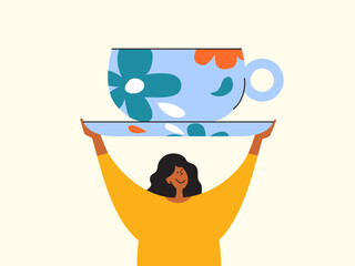 Woman holding huge blue floral ceramic cup hot drink. Female raised above self big mug. Tea time, morning beverage, coffee break. Drinking cup and saucer in girl hands. Tea party vector illustration