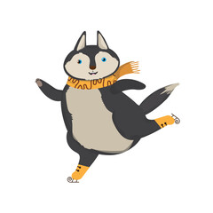 Cute siberian Husky skating. Winter character, mascotte. Flat cartoon vector Illustration. For Christmas Party decoration, New year Party, sticker, greeting card.