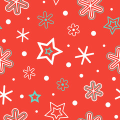 Vector winter pattern with snowflakes and stars ,  isolated background. Geometric seamless pattern, wallpaper. Design for festive packaging, textiles.