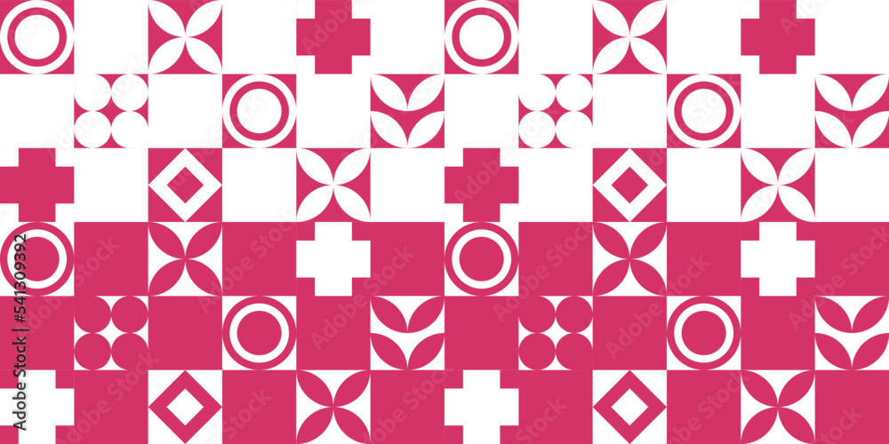 Poster Pink and white checkerboard pattern with geometry. Vector white-pink pattern with geometric shapes in each cell. Suitable for print and stylish design.