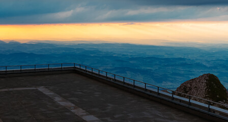 Naklejka premium Beautiful alpine sunset at the famous Saentis summit, Schwaegalp, Appenzell, Alpstein, Switzerland