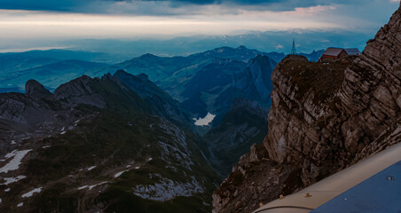 Beautiful alpine sunset at the famous Saentis summit, Schwaegalp, Appenzell, Alpstein, Switzerland