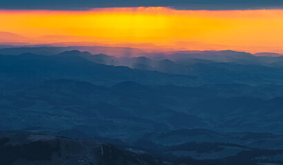 Beautiful alpine sunset at the famous Saentis summit, Schwaegalp, Appenzell, Alpstein, Switzerland