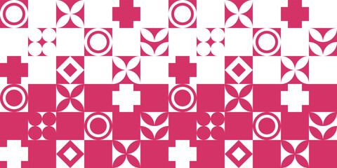 Pink and white checkerboard pattern with geometry. Vector white-pink pattern with geometric shapes in each cell. Suitable for print and stylish design.