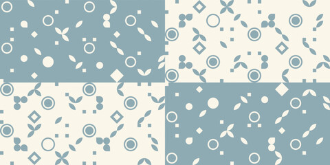 Rectangular blue and white with small geometric splashes. Print and interior with geometric inserts.
